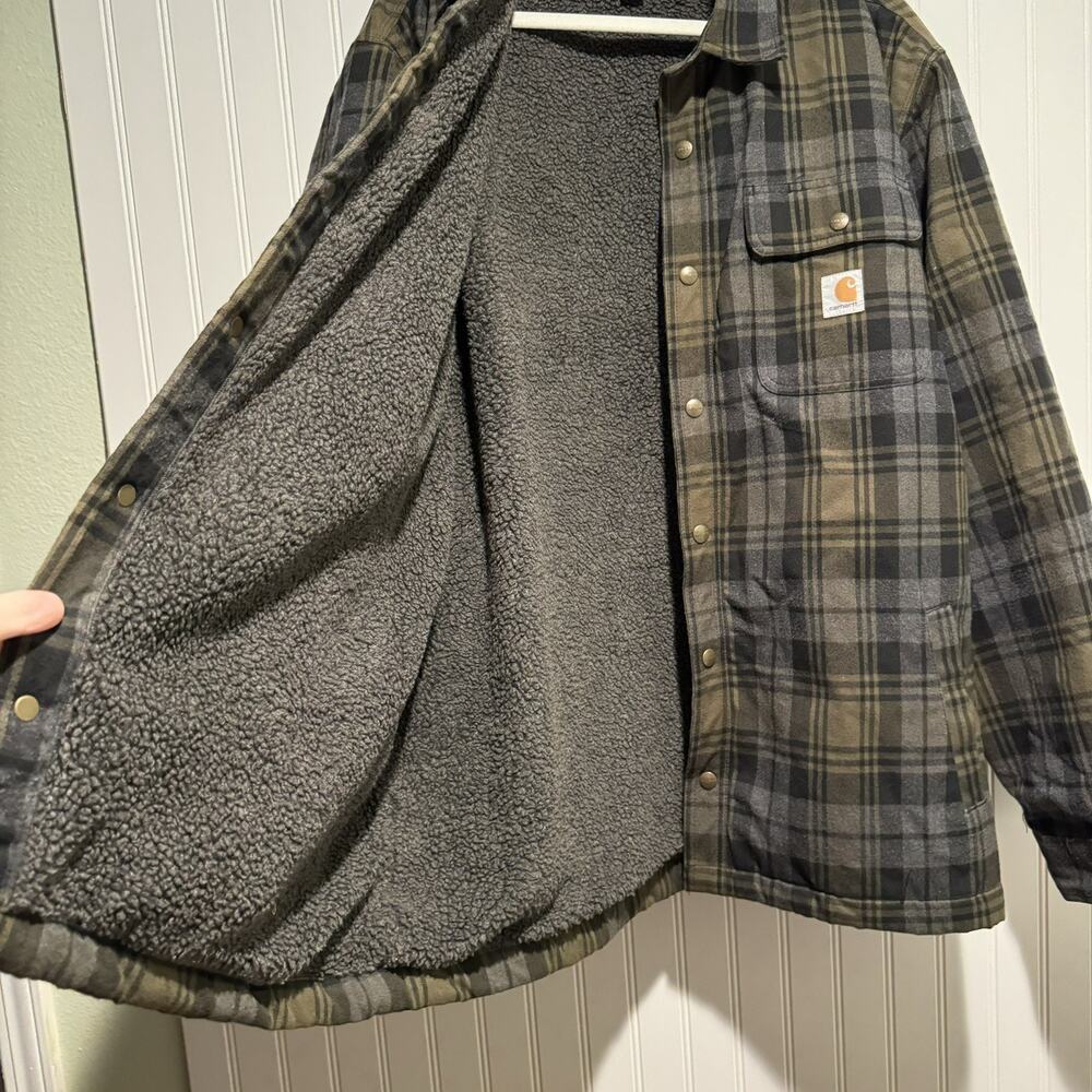 Carhartt Hubbard Plaid Flannel Sherpa Lined Jacket Mens Large Green Gray - Picture 5 of 7